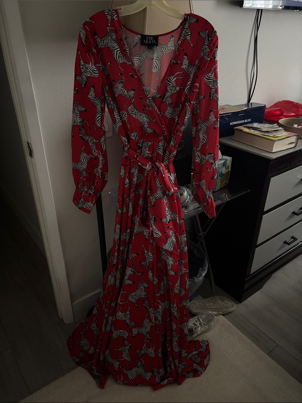 Red Zebra-Print Wrap Maxi Dress with Tie Waist